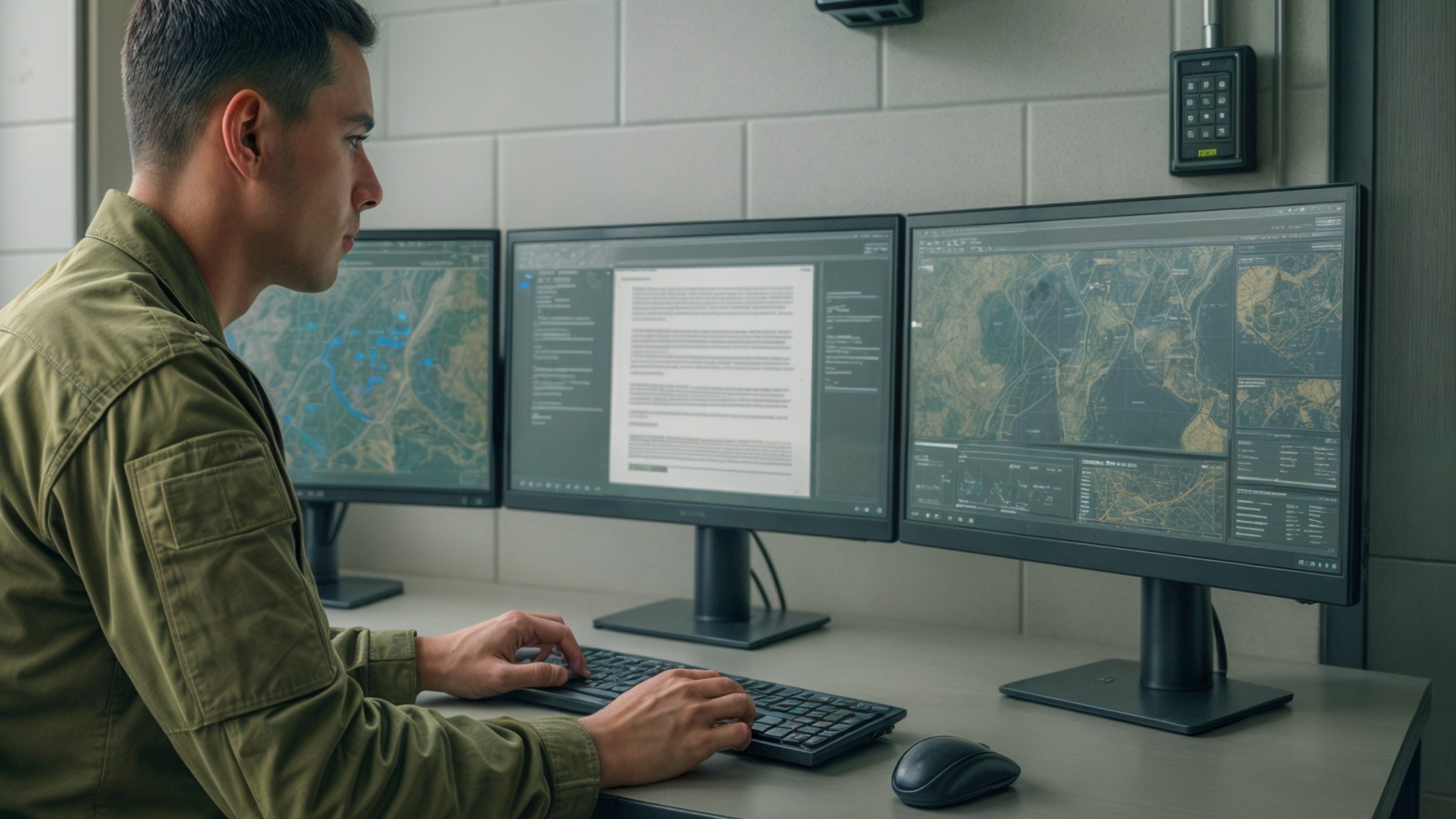 Defence Cyber Security Operations person working on multiple screens