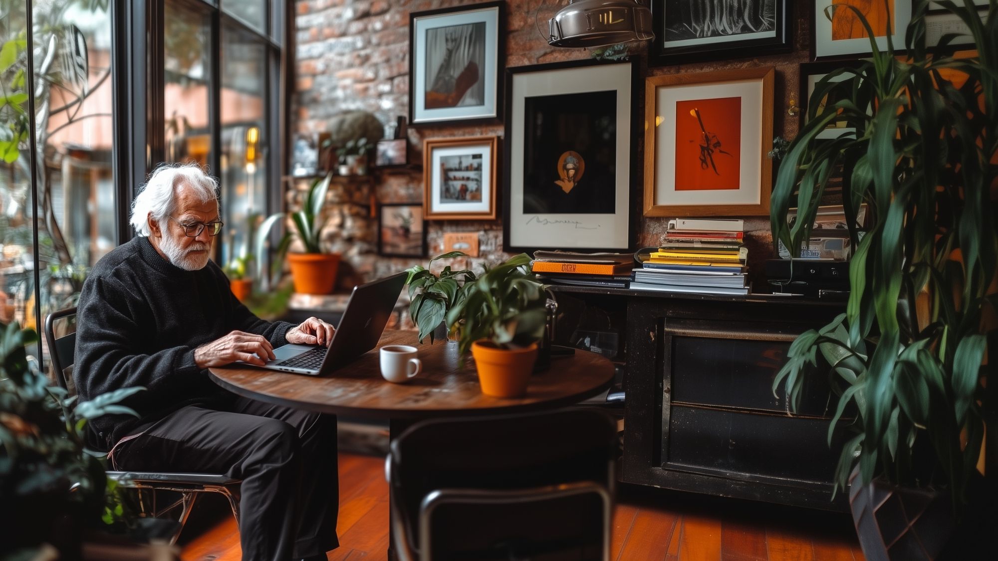 Pensioner looking at laptop in study