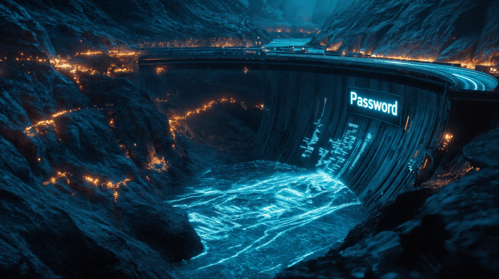 Dam bursting labelled Password showing data breach risk